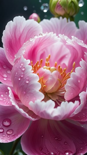 (best quality,8K,highres,masterpiece), ultra-detailed, hyper-realistic image of a dew-covered peony flower at an microscopic level, Capture the intricate details of the flower’s cellular structure, the delicate interplay of light and shadow on its vibrant petals, and the glistening droplets of morning dew clinging to the fine hairs,The background should be a soft, out-of-focus green that suggests the natural environment without detracting from the flower’s stunning details, Emphasize the contrast between the flower’s soft textures and the sharp clarity of the water droplets.