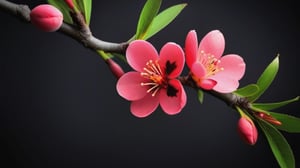 a peach tree branch with red flowers and buds, simple lightblack background, close up,sharp focus, colorful, high contrast, detailed flower petals, fresh green leaves, soft natural lighting, delicate and intricate branches, vibrant and saturated colors, high resolution,realistic,masterfully captured,macro detail beautiful 

