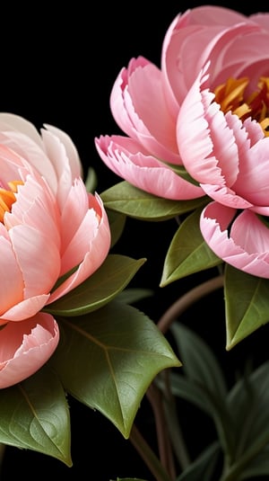 one peony flower with two larger green leaves, colorful, high contrast, detailed, soft natural lighting, vibrant and saturated colors,puer black background, 
empty at the top of the picture

high resolution,realistic,masterfully captured,macro detail beautiful 

