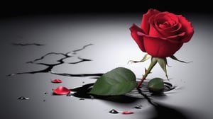 blank pure lightblack backround with one  red blooming rose,the petals are falling on the ground,with a thin root system,
photorealistic，

