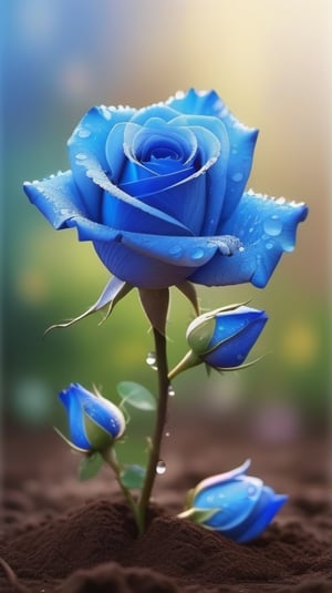 blue blooming roses growing from the soil,delicate and voluptuous covered by dew in soft brigh light,(falling petals),(blur background),and the petals formed a lovely heart on the ground,
photorealistic

