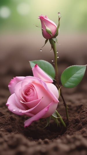 a pink rose with two leaves sprouting from the soil, vibrant and flawless, the background blurred, and the petals falling to the ground to form a heart shape
photorealistic


