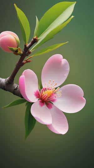 a peach tree branch with one pink flower and one bud, simple pure blank background,colorful, high contrast, detailed flower petals, green leaves, soft natural lighting, delicate and intricate branches, vibrant and saturated colors, high resolution,realistic,masterfully captured,macro detail beautiful 

