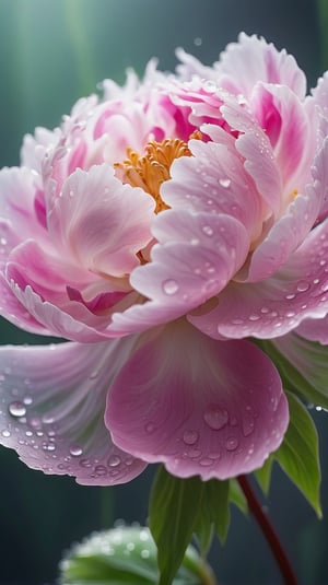 (best quality,8K,highres,masterpiece), ultra-detailed, hyper-realistic image of a dew-covered peony flower at an microscopic level, Capture the intricate details of the flower’s cellular structure, the delicate interplay of light and shadow on its vibrant petals, and the glistening droplets of morning dew clinging to the fine hairs,The background should be a soft, out-of-focus green that suggests the natural environment without detracting from the flower’s stunning details, Emphasize the contrast between the flower’s soft textures and the sharp clarity of the water droplets.