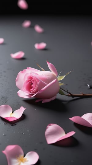 blank pure lightblack backround with one pink blooming rose,(falling petals),blur background, and there are many petals makd up a love heart on the ground,with a thin root system,
photorealistic

