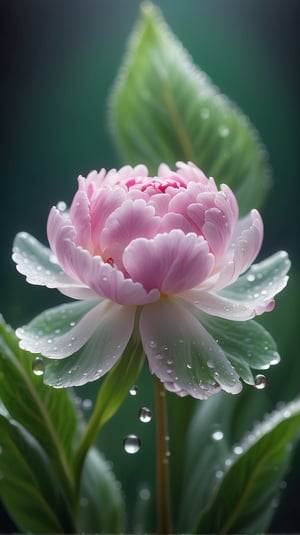 (best quality,8K,highres,masterpiece), ultra-detailed, hyper-realistic image of a dew-covered peony flower at an microscopic level in a crystal sphere, Capture the intricate details of the flower’s cellular structure, the delicate interplay of light and shadow on its vibrant petals, and the glistening droplets of morning dew clinging to the fine hairs,The background should be a soft, out-of-focus green that suggests the natural environment without detracting from the flower’s stunning details, Emphasize the contrast between the flower’s soft textures and the sharp clarity of the water droplets.