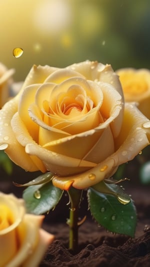 yellow blooming roses grows from the soil,vibrant and dripping with dew in brigh light,(falling petals),(blur background),and the petals formed a lovely heart on the ground,
photorealistic

