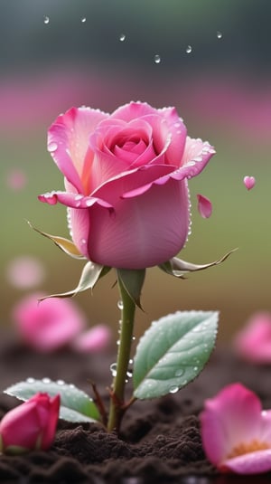  blurred background, a pink rose with 2 leaves sprouting from the soil and covered in dew, vibrant and flawless, (falling petals:1.2),and the petals falling to the ground and formed a heart shape
photorealistic

