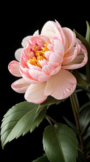 one peony flower with two larger green leaves, colorful, high contrast, detailed, soft natural lighting, vibrant and saturated colors,puer black background, 
empty at the top of the picture

high resolution,realistic,masterfully captured,macro detail beautiful 

