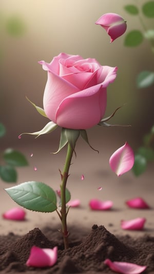 a pink rose with two leaves sprouting from the soil, vibrant and flawless, the background blurred, (falling petals:1.2),and the petals falling to the ground to form a heart shape
photorealistic

