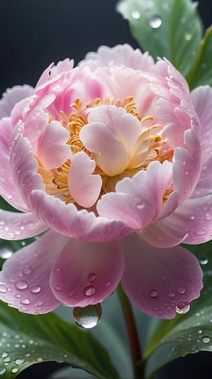 (best quality,8K,highres,masterpiece), ultra-detailed, hyper-realistic image of a dew-covered peony flower at an microscopic level,Capture the intricate details of the flower’s cellular structure, the delicate interplay of light and shadow on its vibrant petals, and the glistening droplets of morning dew clinging to the fine hairs,The background should be a soft, out-of-focus green that suggests the natural environment without detracting from the flower’s stunning details, Emphasize the contrast between the flower’s soft textures and the sharp clarity of the water droplets.all in a crystal sphere