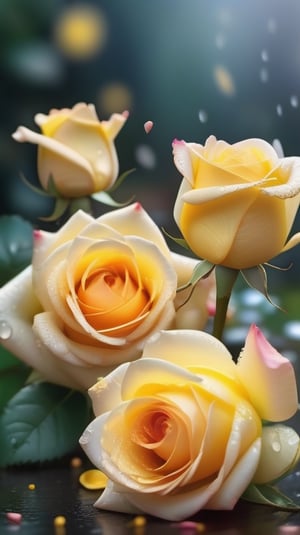 yellow blooming roses  ,delicate and voluptuous covered by dew in brigh light,(falling petals),(blur background),and the petals formed a lovely heart on the ground,
photorealistic

