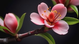 a peach tree branch with red flowers and buds, simple lightblack background, close up,sharp focus, colorful, high contrast, detailed flower petals, fresh green leaves, soft natural lighting, delicate and intricate branches, vibrant and saturated colors, high resolution,realistic,masterfully captured,macro detail beautiful 

