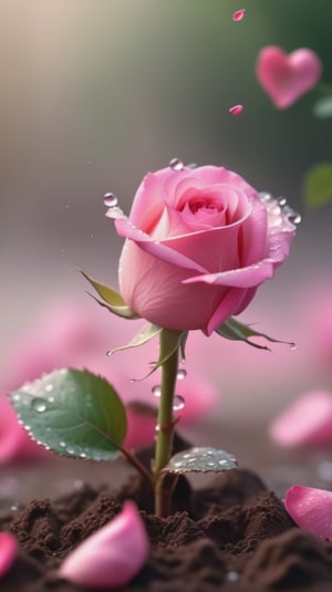  blurred background, a pink rose with 2 leaves sprouting from the soil and covered in dew, vibrant and flawless, (falling petals :1.2), petals falling to the ground and formed a heart shape,close-up shot.
photorealistic

