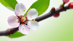 very closeup, a cherry tree branch with flowers, flat white background, sharp focus, colorful, high contrast, detailed flower petals, fresh green leaves, soft natural lighting, delicate and intricate branches, vibrant and saturated colors, high resolution, realistic, fine textures, exquisite details, realistic 3D rendering, artistic composition, bokeh effect, masterfully captured, visually captivating, visually stunning,macro detail beautiful 

realistic,photo_(medium),photorealistic

