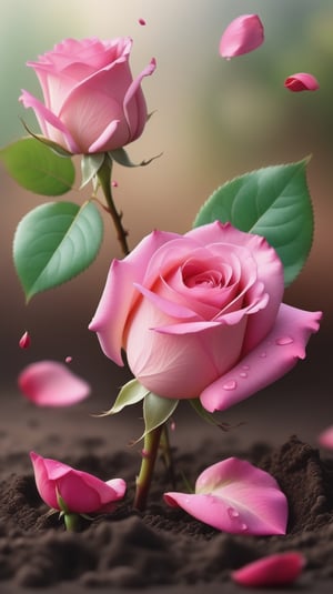  blurred background, a pink rose with 2 leaves sprouting from the soil, vibrant and flawless, (falling petals:1.2),and the petals falling to the ground and formed a heart shape
photorealistic

