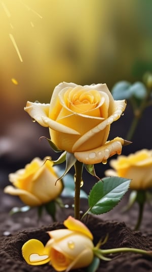 yellow blooming roses grows from the soil,vibrant and dripping with dew like a virgin beauty,(falling petals),(blur background),and the petals formed a lovely heart on the ground,
photorealistic

