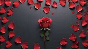 blank pure lightblack backround with one  red blooming rose,the petals are falling, and there are many petals formed a love heart on the ground,with a thin root system,
photorealistic，

