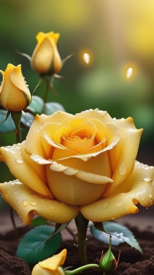 yellow blooming roses grows from the soil,vibrant and dripping with dew like a virgin beauty,(falling petals),(blur background),and the petals formed a lovely heart on the ground,
photorealistic

