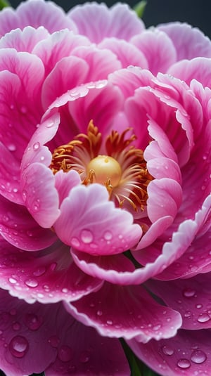 (best quality,8K,highres,masterpiece), ultra-detailed, hyper-realistic image of a dew-covered peony flower at an microscopic level, Capture the intricate details of the flower’s cellular structure, the delicate interplay of light and shadow on its vibrant petals, and the glistening droplets of morning dew clinging to the fine hairs,The background should be a soft, out-of-focus green that suggests the natural environment without detracting from the flower’s stunning details, Emphasize the contrast between the flower’s soft textures and the sharp clarity of the water droplets.