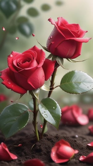 red roses and buds with two larger leaves growing from the soil,delicate and voluptuous covered by dew in soft brigh light,(falling petals),(blur background),and the petals formed a lovely heart on the ground,

realistic,photo_(medium),photorealistic

