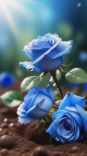 blue blooming roses growing from the soil,delicate and voluptuous covered by dew in soft brigh light,(falling petals),(blur background),and the petals formed a lovely heart on the ground,
photorealistic

