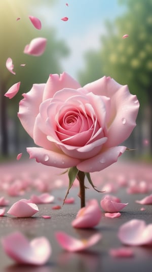 one pink blooming rose,(falling petals),blur background, and the petals formed a heart shape on the ground,
photorealistic

