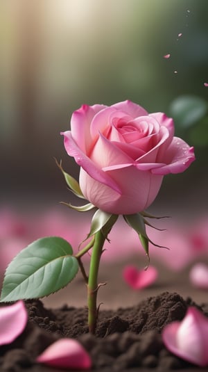 a pink rose with two leaves sprouting from the soil, vibrant and flawless, the background blurred, (falling petals:1.2),and the petals falling to the ground to form a heart shape
photorealistic

