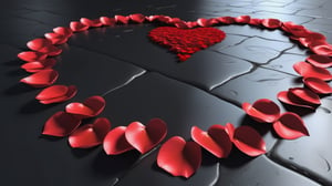 blank pure lightblack backround with one  red blooming rose,the petals are falling, and there are many petals formed a love heart on the ground,with a thin root system,
photorealistic，

