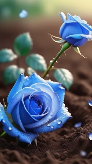 blue blooming roses growing from the soil,delicate and voluptuous covered by dew in soft brigh light,(falling petals),(blur background),and the petals formed a lovely heart on the ground,
photorealistic

