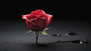 blank pure lightblack backround with one  red blooming rose,the petals are falling on the ground,with a thin root system,
photorealistic，

