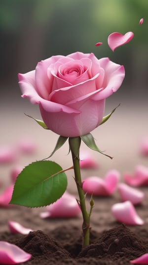 a pink rose with two leaves sprouting from the soil, vibrant and flawless, the background blurred, (falling petals:1.2),and the petals falling to the ground to form a heart shape
photorealistic

