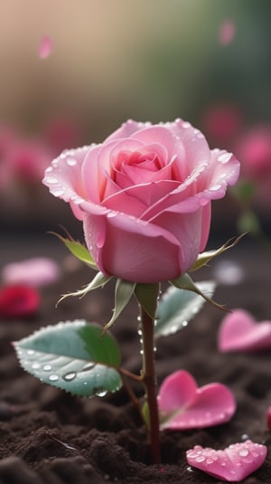  blurred background, a pink rose with 2 leaves sprouting from the soil and covered in dew, vibrant and flawless, (falling petals :1.2), petals falling to the ground and formed a heart shape,close-up shot.
photorealistic

