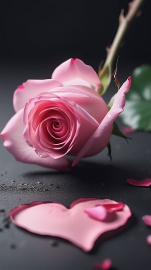 blank pure lightblack backround with one pink blooming rose,(falling petals),blur background, and there are many petals makd up a love heart on the ground,with a thin root system,
photorealistic

