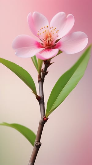 a peach tree branch with one pink flower and one bud, simple pure blank background,colorful, high contrast, detailed flower petals, green leaves, soft natural lighting, delicate and intricate branches, vibrant and saturated colors, high resolution,realistic,masterfully captured,macro detail beautiful 

