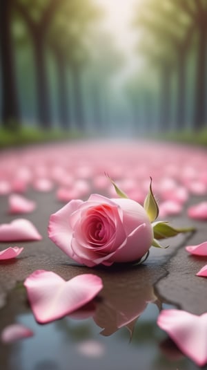 one pink blooming rose,(falling petals),blur background, and the petals formed a heart shape on the ground,
photorealistic

