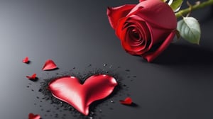 blank pure lightblack backround with one  red blooming rose,the petals are falling, and there are many petals formed a love heart on the ground,with a thin root system,
photorealistic，

