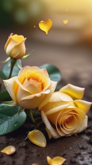 yellow blooming roses grows from the soil,delicate and voluptuous covered with dew in brigh light,(falling petals),(blur background),and the petals formed a lovely heart on the ground,
photorealistic

