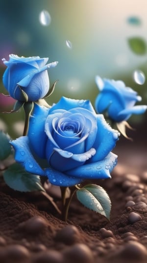 blue blooming roses growing from the soil,delicate and voluptuous covered by dew in soft brigh light,(falling petals),(blur background),and the petals formed a lovely heart on the ground,
photorealistic

