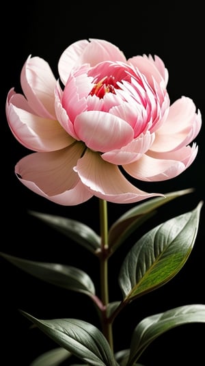 one peony flower with two larger green leaves, colorful, high contrast, detailed, soft natural lighting, vibrant and saturated colors,puer black background, 
empty at the top of the picture

high resolution,realistic,masterfully captured,macro detail beautiful 

