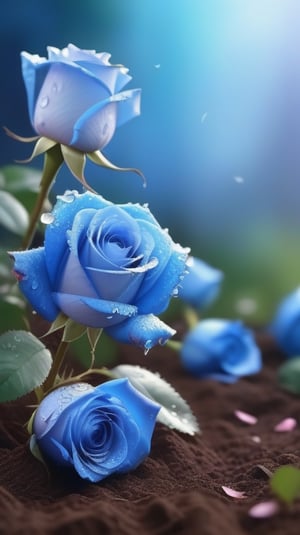 blue blooming roses growing from the soil,delicate and voluptuous covered by dew in soft brigh light,(falling petals),(blur background),and the petals formed a lovely heart on the ground,
photorealistic

