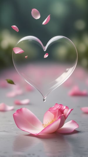 blank pure empty transparent backround with one pink blooming rose,(falling petals),blur background, and the petals formed a heart shape on the ground,
photorealistic

