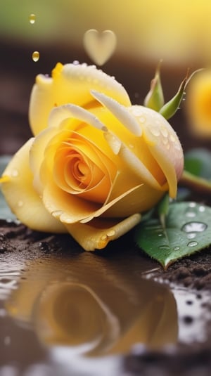 yellow blooming roses growing from the soil,delicate and voluptuous covered by dew in soft brigh light,(falling petals),(blur background),and the petals formed a lovely heart on the ground,

realistic,photo_(medium),photorealistic

