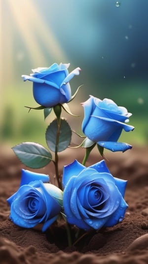 blue blooming roses growing from the soil,delicate and voluptuous covered by dew in soft brigh light,(falling petals),(blur background),and the petals formed a lovely heart on the ground,
photorealistic

