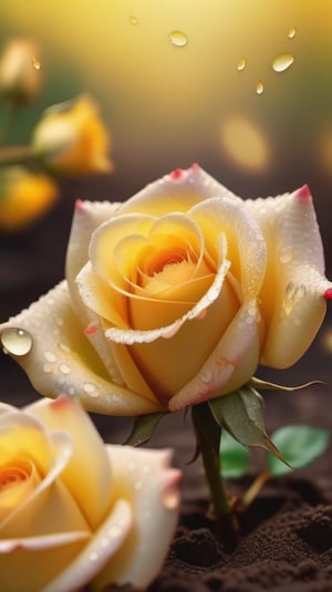 yellow blooming roses grows from the soil,delicate and voluptuous covered with dew in brigh light,(falling petals),(blur background),and the petals formed a lovely heart on the ground,
photorealistic

