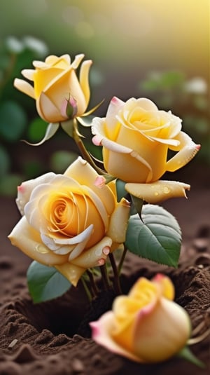 yellow blooming roses growing from the soil,delicate and voluptuous covered by dew in soft brigh light,(falling petals),(blur background),and the petals formed a lovely heart on the ground,
photorealistic

