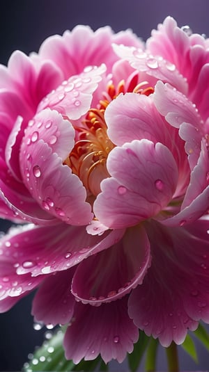 (best quality,8K,highres,masterpiece), ultra-detailed, hyper-realistic image of a dew-covered peony flower at an microscopic level,Capture the intricate details of the flower’s cellular structure, the delicate interplay of light and shadow on its vibrant petals, and the glistening droplets of morning dew clinging to the fine hairs,The background should be a soft, out-of-focus green that suggests the natural environment without detracting from the flower’s stunning details, Emphasize the contrast between the flower’s soft textures and the sharp clarity of the water droplets.all in a crystal sphere