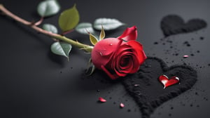 blank pure lightblack backround with one  red blooming rose,the petals are falling, and there are many petals formed a love heart on the ground,with a thin root system,
photorealistic，

