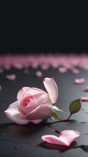 blank pure lightblack backround with one pink blooming rose,(falling petals),blur background, and there are many petals makd up a love heart on the ground,with a thin root system,
photorealistic

