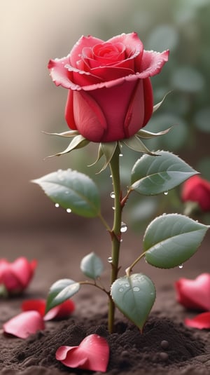 red roses and buds with two larger leaves growing from the soil,delicate and voluptuous covered by dew in soft brigh light,(falling petals),(blur background),and the petals formed a lovely heart on the ground,

realistic,photo_(medium),photorealistic

